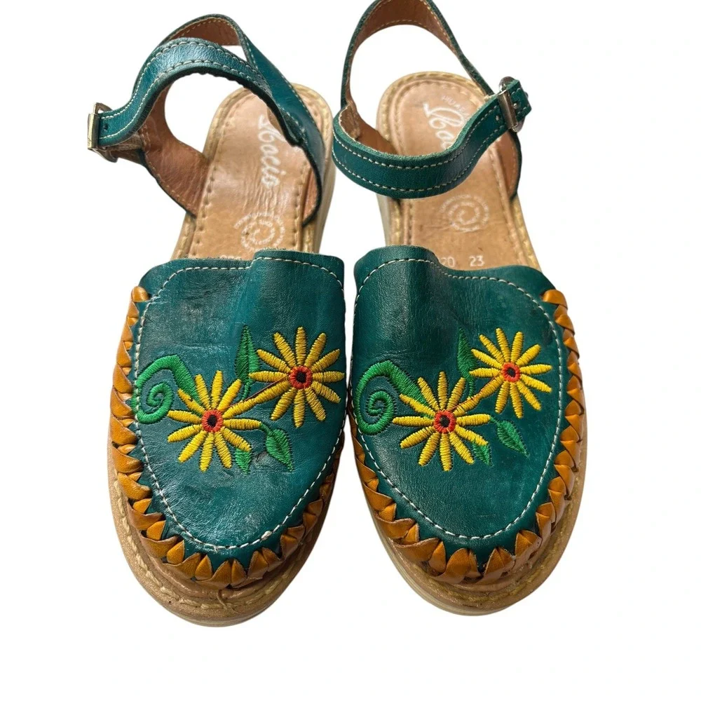 Mexican Huarache Leather‎ Floral Embroidered Slingback Sandals Boho Artisan 5